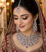 Ruby Red Bridal Necklace Set, Pakistani Indian Wedding Jewelry, CZ Choker Earrings Maang Tikka