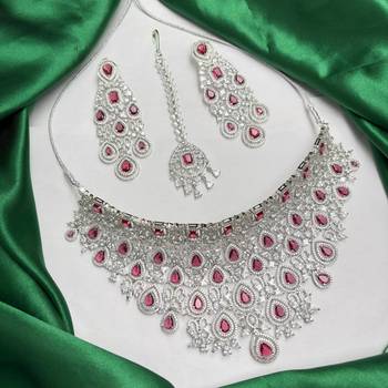 Ruby Red Bridal Necklace Set, Pakistani Indian Wedding Jewelry, CZ Choker Earrings Maang Tikka 2