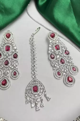 Ruby Red Bridal Necklace Set, Pakistani Indian Wedding Jewelry, CZ Choker Earrings Maang Tikka