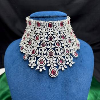 Ruby Red Bridal Necklace Set, Pakistani Indian Wedding Jewelry, CZ Choker Earrings Maang Tikka 4
