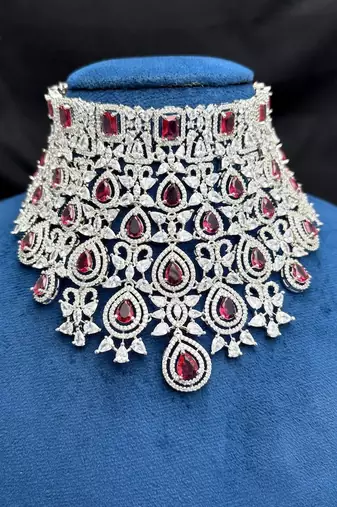 Ruby Red Bridal Necklace Set, Pakistani Indian Wedding Jewelry, CZ Choker Earrings Maang Tikka