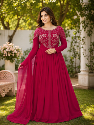 rani pink color sequins embroidery georgette gown set 1
