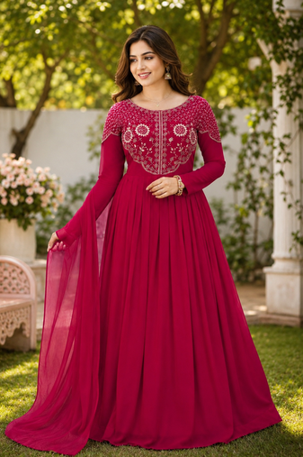 rani pink color sequins embroidery georgette gown set