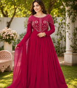 rani pink color sequins embroidery georgette gown set