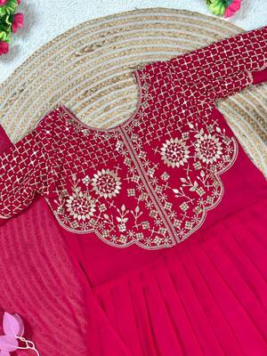 rani pink color sequins embroidery georgette gown set 2