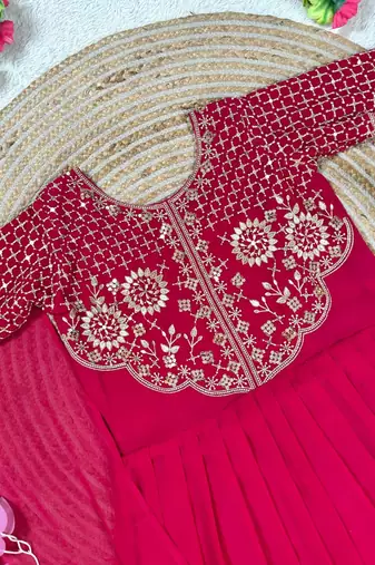 rani pink color sequins embroidery georgette gown set