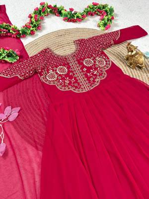 rani pink color sequins embroidery georgette gown set 3