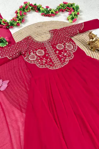 rani pink color sequins embroidery georgette gown set