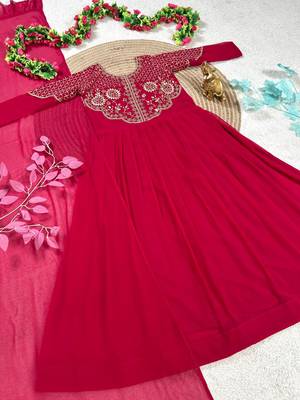 rani pink color sequins embroidery georgette gown set 4