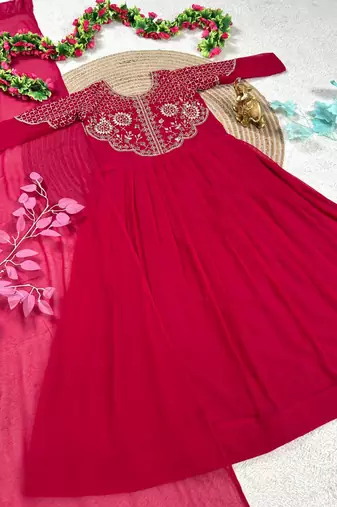 rani pink color sequins embroidery georgette gown set