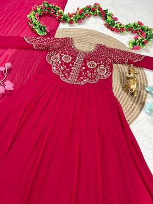 rani pink color sequins embroidery georgette gown set 5