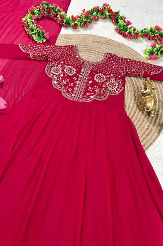 rani pink color sequins embroidery georgette gown set