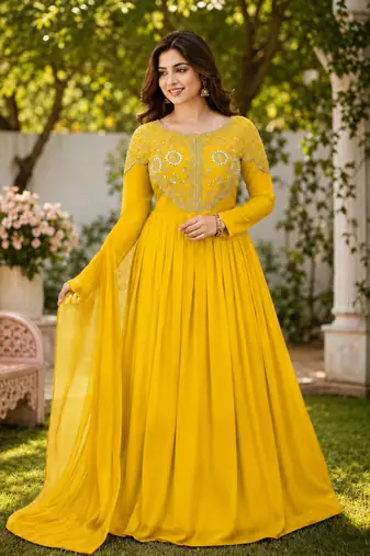 yellow color sequins embroidery georgette gown set