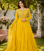yellow color sequins embroidery georgette gown set