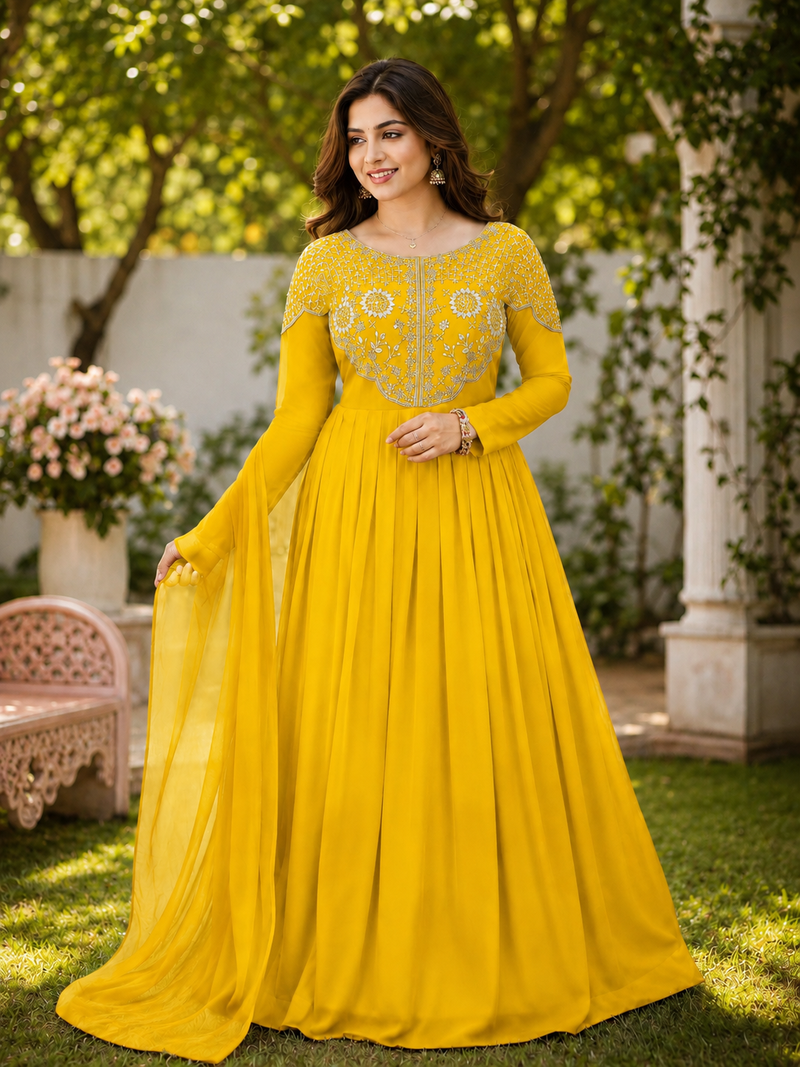 yellow color sequins embroidery georgette gown set