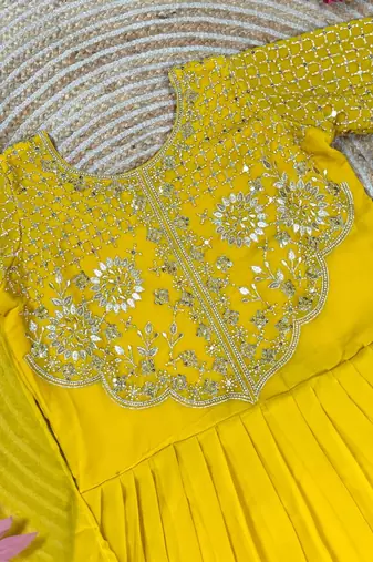 yellow color sequins embroidery georgette gown set
