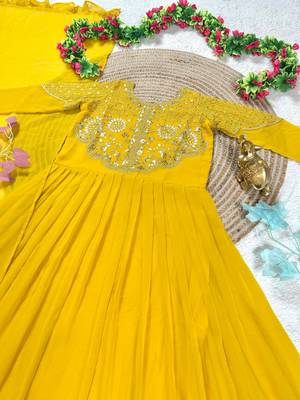 yellow color sequins embroidery georgette gown set 3