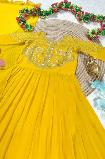 yellow color sequins embroidery georgette gown set