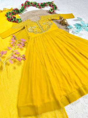 yellow color sequins embroidery georgette gown set 4
