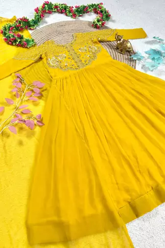 yellow color sequins embroidery georgette gown set