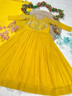 yellow color sequins embroidery georgette gown set 5