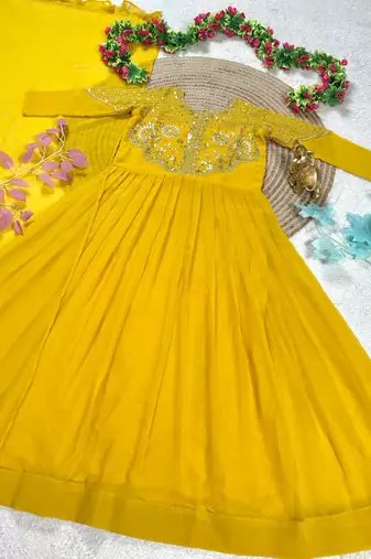 yellow color sequins embroidery georgette gown set