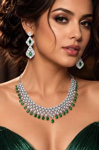 Emerald Green CZ Bridal Necklace Set, Silver Statement Jewelry, Cubic Zirconia Wedding Prom
