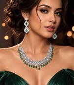 Emerald Green CZ Bridal Necklace Set, Silver Statement Jewelry, Cubic Zirconia Wedding Prom