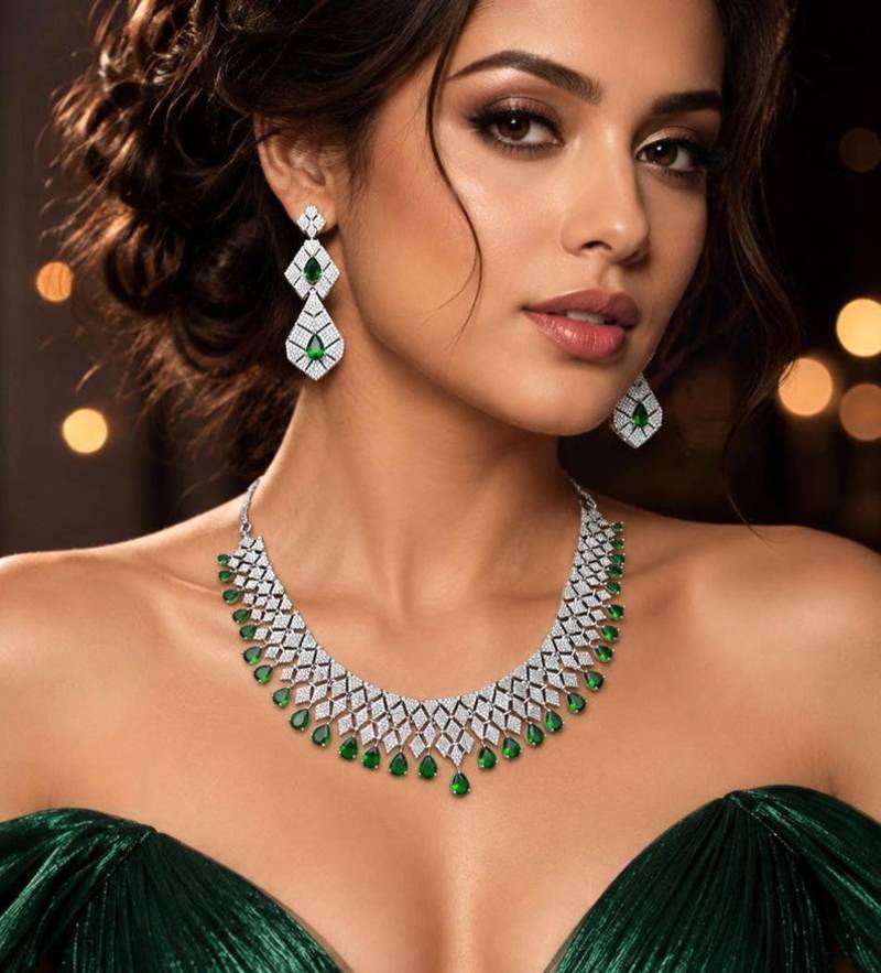Emerald Green CZ Bridal Necklace Set, Silver Statement Jewelry, Cubic Zirconia Wedding Prom