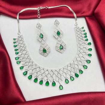 Emerald Green CZ Bridal Necklace Set, Silver Statement Jewelry, Cubic Zirconia Wedding Prom 2
