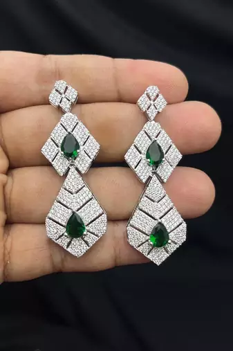 Emerald Green CZ Bridal Necklace Set, Silver Statement Jewelry, Cubic Zirconia Wedding Prom