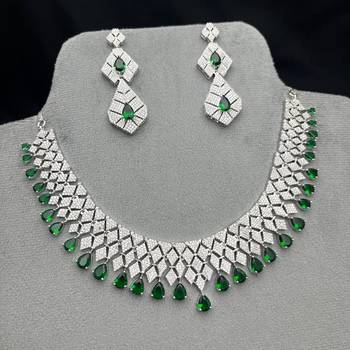 Emerald Green CZ Bridal Necklace Set, Silver Statement Jewelry, Cubic Zirconia Wedding Prom 4