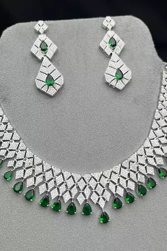 Emerald Green CZ Bridal Necklace Set, Silver Statement Jewelry, Cubic Zirconia Wedding Prom