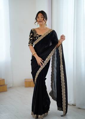 Black tissue satin embrloidered saree with unstitched blouse piece. 2