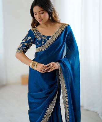 Blue tissue satin embrloidered saree with unstitched blouse piece. 1