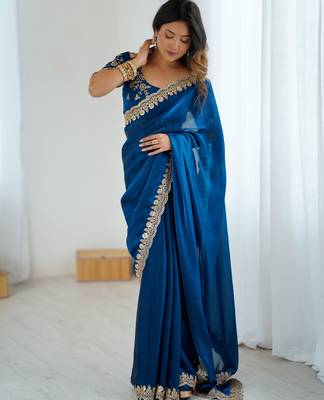 Blue tissue satin embrloidered saree with unstitched blouse piece. 2