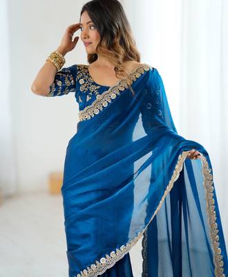 Blue tissue satin embrloidered saree with unstitched blouse piece. 3