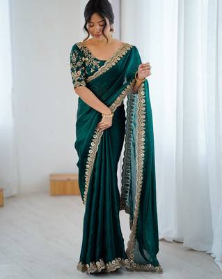 Bottle green tissue satin embrloidered saree with unstitched blouse piece. 1