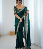 Bottle green tissue satin embrloidered saree with unstitched blouse piece.