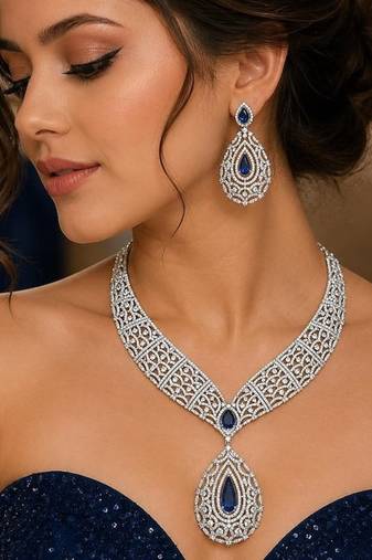 Royal Blue Teardrop CZ Bridal Jewelry Set, Silver Statement Necklace Earrings