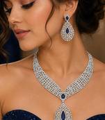 Royal Blue Teardrop CZ Bridal Jewelry Set, Silver Statement Necklace Earrings