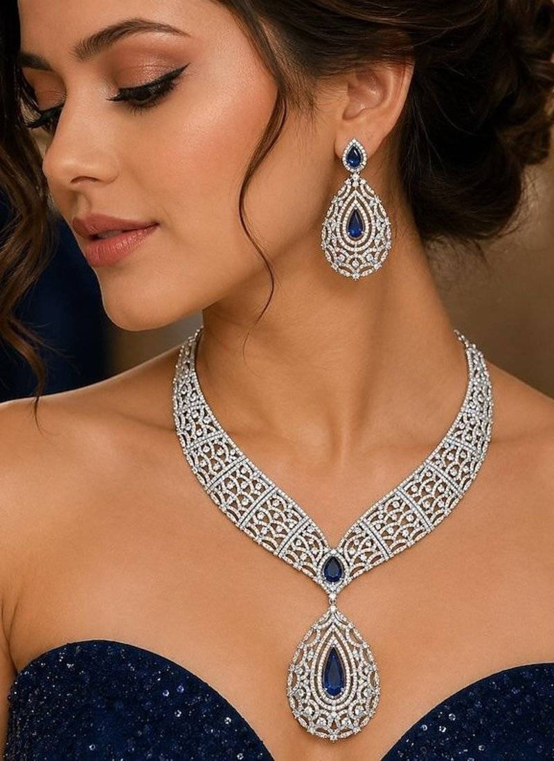 Royal Blue Teardrop CZ Bridal Jewelry Set, Silver Statement Necklace Earrings