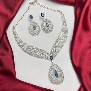 Royal Blue Teardrop CZ Bridal Jewelry Set, Silver Statement Necklace Earrings 2