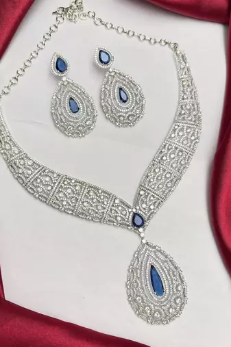 Royal Blue Teardrop CZ Bridal Jewelry Set, Silver Statement Necklace Earrings