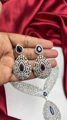 Royal Blue Teardrop CZ Bridal Jewelry Set, Silver Statement Necklace Earrings 3