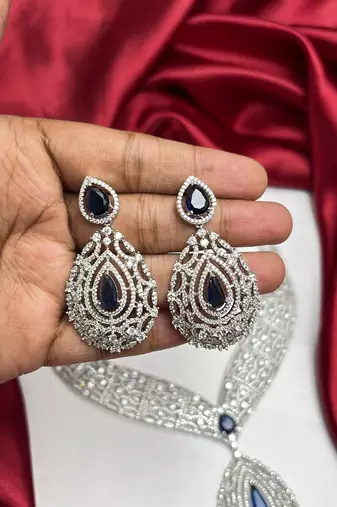 Royal Blue Teardrop CZ Bridal Jewelry Set, Silver Statement Necklace Earrings