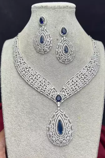 Royal Blue Teardrop CZ Bridal Jewelry Set, Silver Statement Necklace Earrings
