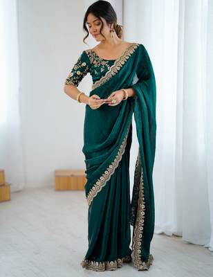 Bottle green tissue satin embrloidered saree with unstitched blouse piece. 3