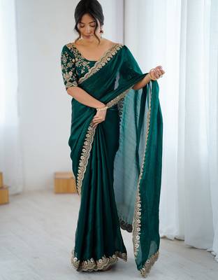 Bottle green tissue satin embrloidered saree with unstitched blouse piece. 4