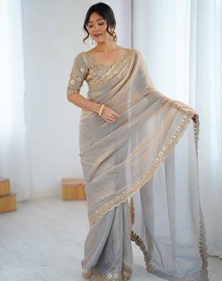 Grey tissue satin embrloidered saree with unstitched blouse piece. 2